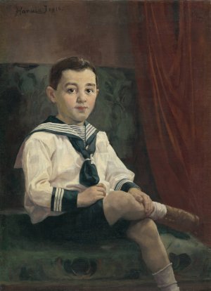 Chlapec v matrozovych Satach by Jozef Hanula Oil Painting