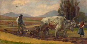 Ploughing by Jozef Hanula Oil Painting