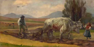 Ploughing Oil painting by Jozef Hanula