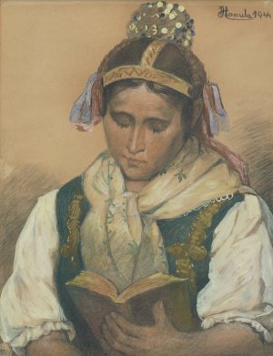 Reading in traditional costume by Jozef Hanula Oil Painting