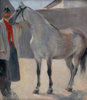 Study of a Grey Horse with a Coachman by Jozef Hanula Oil Painting