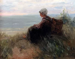 A Fishergirl On A Dunetop Overlooking The Sea by Jozef Israels Oil Painting