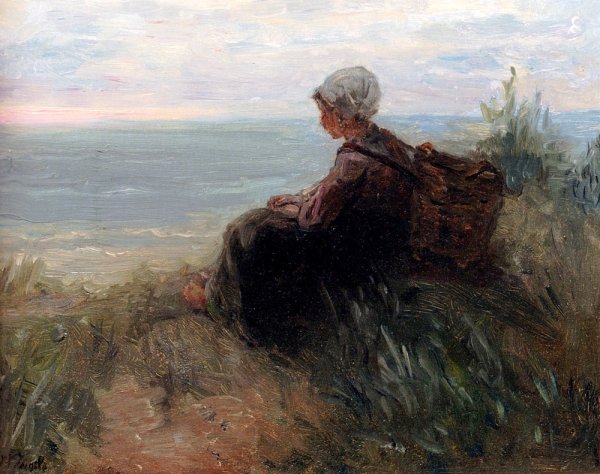 A Fishergirl On A Dunetop Overlooking The Sea