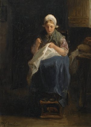 A peasant girl sewing by Jozef Israels Oil Painting