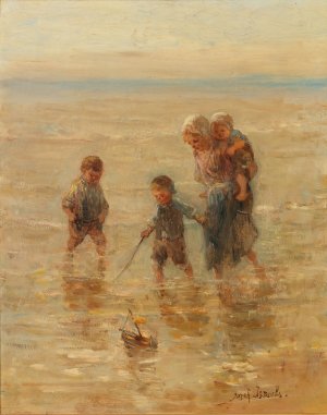 Children playing in the surf by Jozef Israels Oil Painting