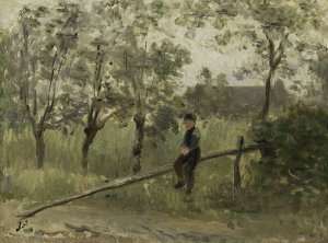 Country Boy on a Pole Barrier by Jozef Israels Oil Painting