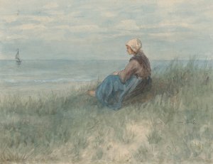 Een vrouw zit op een duin naar zee te kijken by Jozef Israels Oil Painting