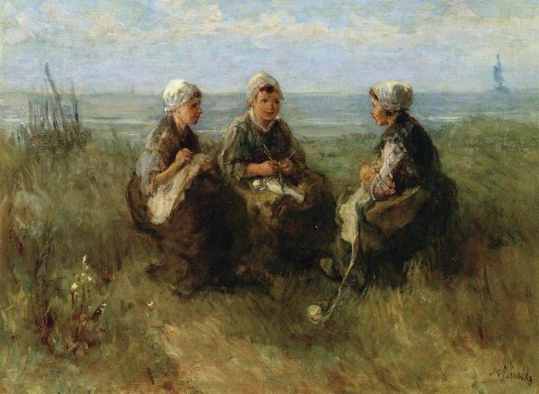 Three Women Knitting by the Sea
