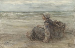 Vissersmeisje op het strand by Jozef Israels Oil Painting