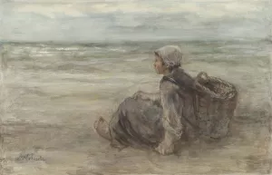 Vissersmeisje op het strand by Jozef Israels Oil Painting