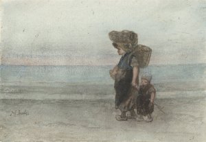 Vrouw met kind, lopend over het strand by Jozef Israels Oil Painting