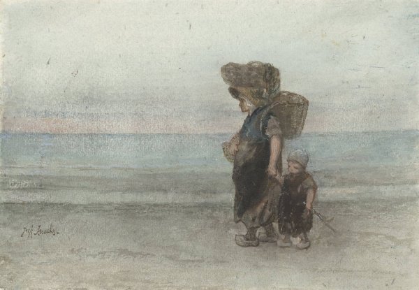 Vrouw met kind, lopend over het strand  by Jozef Israels - Hand-Painted Oil Painting Reproduction