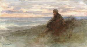Zittende vrouw op een duin bij zee by Jozef Israels Oil Painting