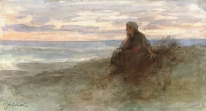 Zittende vrouw op een duin bij zee Oil painting by Jozef Israels