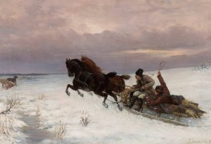 Riding in a sleigh by Jozef Jaroszynski Oil Painting