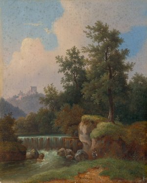 Landscape with Castle and Dam by Jozef Jonas Oil Painting