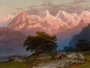 Mountain landscape with staffage by Jozef Marszewski Oil Painting