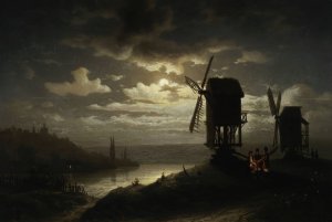 Nocturnal landscape with windmills by Jozef Marszewski Oil Painting