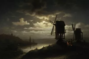 Nocturnal landscape with windmills by Jozef Marszewski Oil Painting