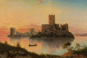 Ruins of the Trakai Island Castle at sunset by Jozef Marszewski Oil Painting