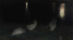 Nocturne. Swans in the Saxon Garden in Warsaw at night by Jozef Pankiewicz Oil Painting