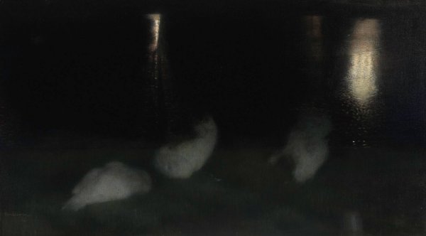 Nocturne. Swans in the Saxon Garden in Warsaw at night  by Jozef Pankiewicz - Hand-Painted Oil Painting Reproduction