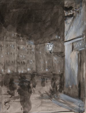 Old Town Market Square in Warsaw at night by Jozef Pankiewicz Oil Painting