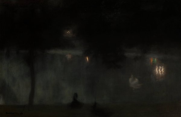 Swans in the Saski Garden at Night  by Jozef Pankiewicz - Hand-Painted Oil Painting Reproduction