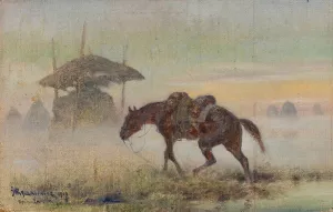 Saddled Horse by Jozef Ryszkiewicz Oil Painting