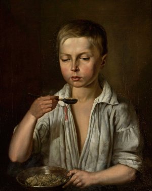 Boy at breakfast by Jozef Simmler Oil Painting