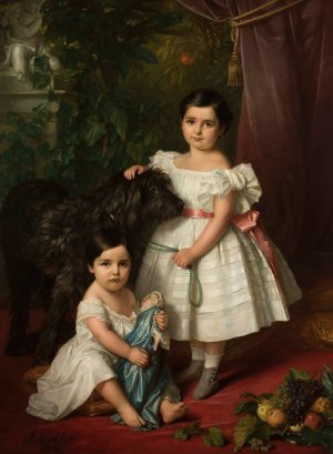 Portrait of Maria Roza Kronenberg and Roza Maria Karolina Kronenberg with a dog by Jozef Simmler Oil Painting