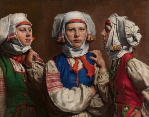 Three women in folk attires by Jozef Smolinski Oil Painting