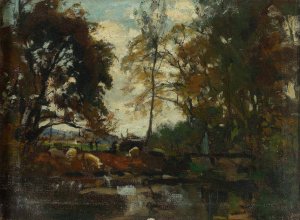 Landscape with a herd by Jozef Szermentowski Oil Painting