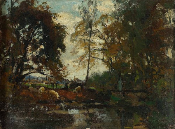 Landscape with a herd  by Jozef Szermentowski - Hand-Painted Oil Painting Reproduction