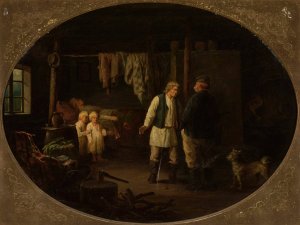 Destitution in a peasant cottage by Jozef Tadeusz Polkowski Oil Painting