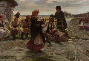 At the entrance to a tavern by Jozef Unierzyski Oil Painting