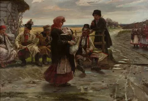 At the entrance to a tavern by Jozef Unierzyski Oil Painting