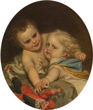 Two Children Playing Around by Jozef Van Lerius Oil Painting