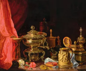 Still Life with Flowers, a Tankard with Figural Decor and Samovar by Jozsef Borsos Oil Painting