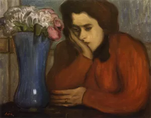 Pensive Woman with Vase of Flowers by Jozsef Rippl-Ronai - Oil Painting Reproduction