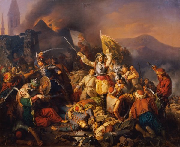 Main Product Photo of Die Ruckeroberung Ofens aus der Hand der Turken im Jahr 1686  Painting by Jozsef Von Molnar