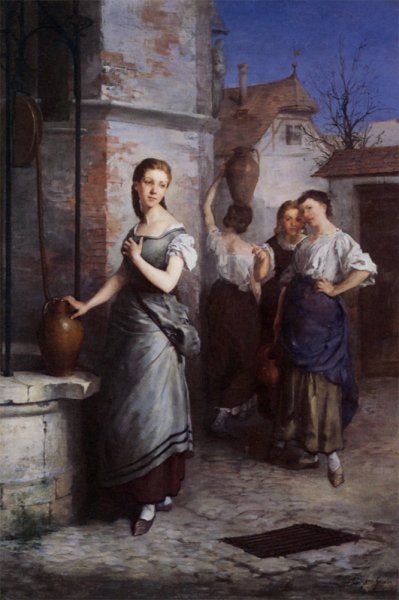 Margarita at the Fountain by Juan Antonio Gonzalez - Hand-Painted Oil Painting Reproduction