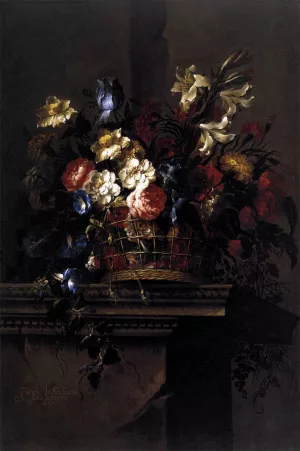 Basket of Flowers on a Plinth by Juan De Arellano Oil Painting