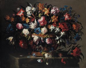 Small Basket of Flowers by Juan De Arellano Oil Painting