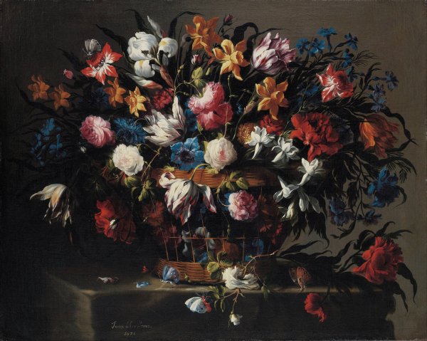 Small Basket of Flowers  by Juan De Arellano - Hand-Painted Oil Painting Reproduction