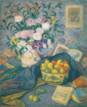 Vase with Bananas, Lemons and Books by Juan De Echevarria Oil Painting