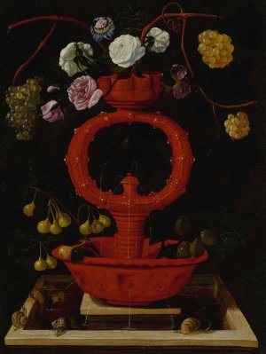 Still life of flowers and grapes in an elaborate ceramic vase, with snails along the bottom ledge by Juan De Espinosa Oil Painting
