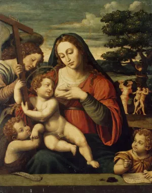 Virgin and the Child with Sts John the Baptist and John the Evangelist painting by Juan De Juanes