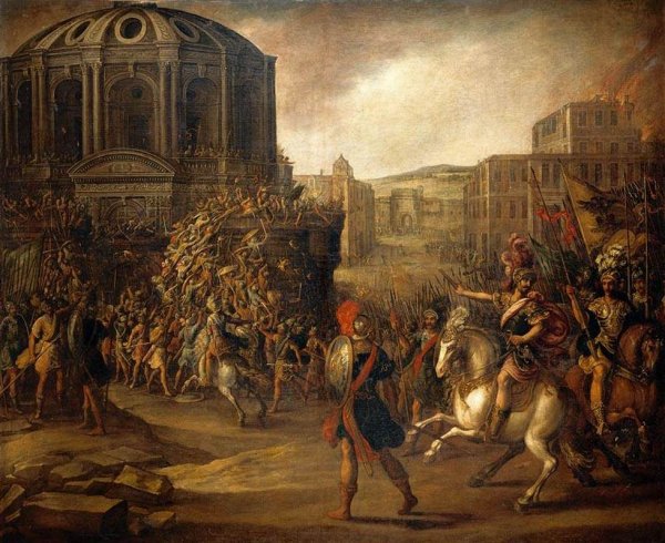 Battle Scene with a Roman Army Besieging a Large City by Juan De La Corte - Hand-Painted Oil Painting Reproduction