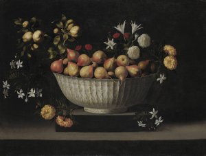 Flowers and Fruit in a China Bowl by Juan De Zurbaran Oil Painting